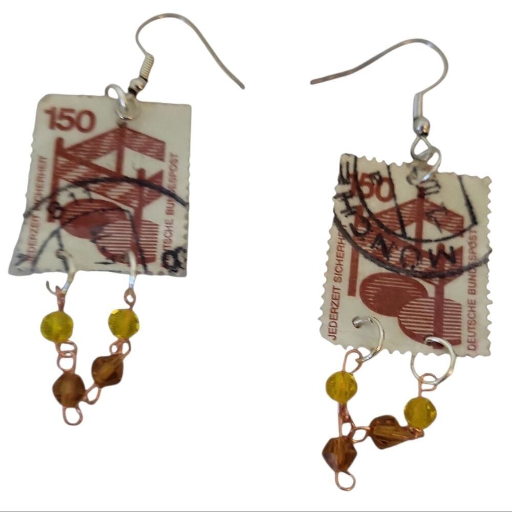 Retro Safety Stamp Earrings Hypoallergenic Yellow & Orange Glass Bead - Picture 1 of 2